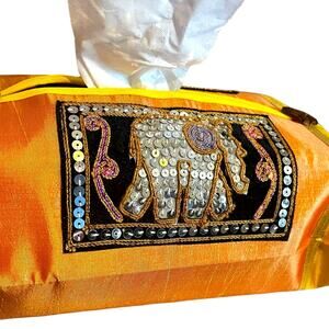 Unique Tissue Box Cover with Sequined Elephants in Orange and Gold